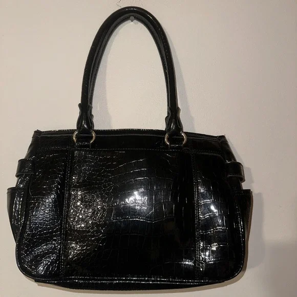 Anne Klein Black Croc-embossed Large Shoulder Bag Handbag Purse Gold‎ Hardware - Picture 4 of 12